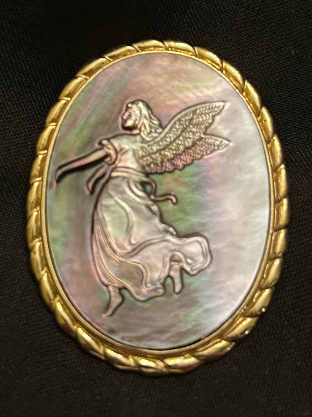 Iridescent Mother-of-Pearl Angel Brooch with Gold-Tone Frame